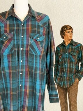 VINTAGE‎ 70s plaid flannel western ranch cowboy pearl snap button cotton teal XL